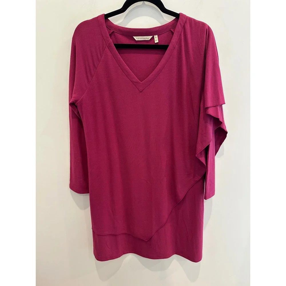 Soft Surroundings Magenta Asymmetrical Draped Tunic Top V-Neck Petite Large